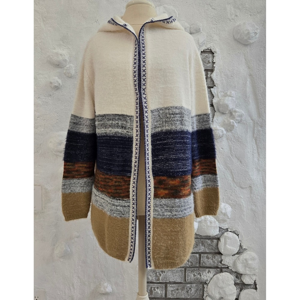 FATE Hooded Striped Eyelash Cardigan Sweater Boho Whipstitch Trim Vintage Size L